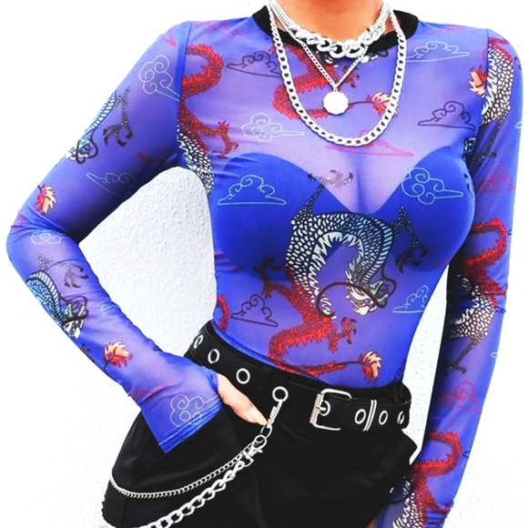 Mesh Dragon Long Sleeve Print 90s y2k style Top - Picture 5 of 14